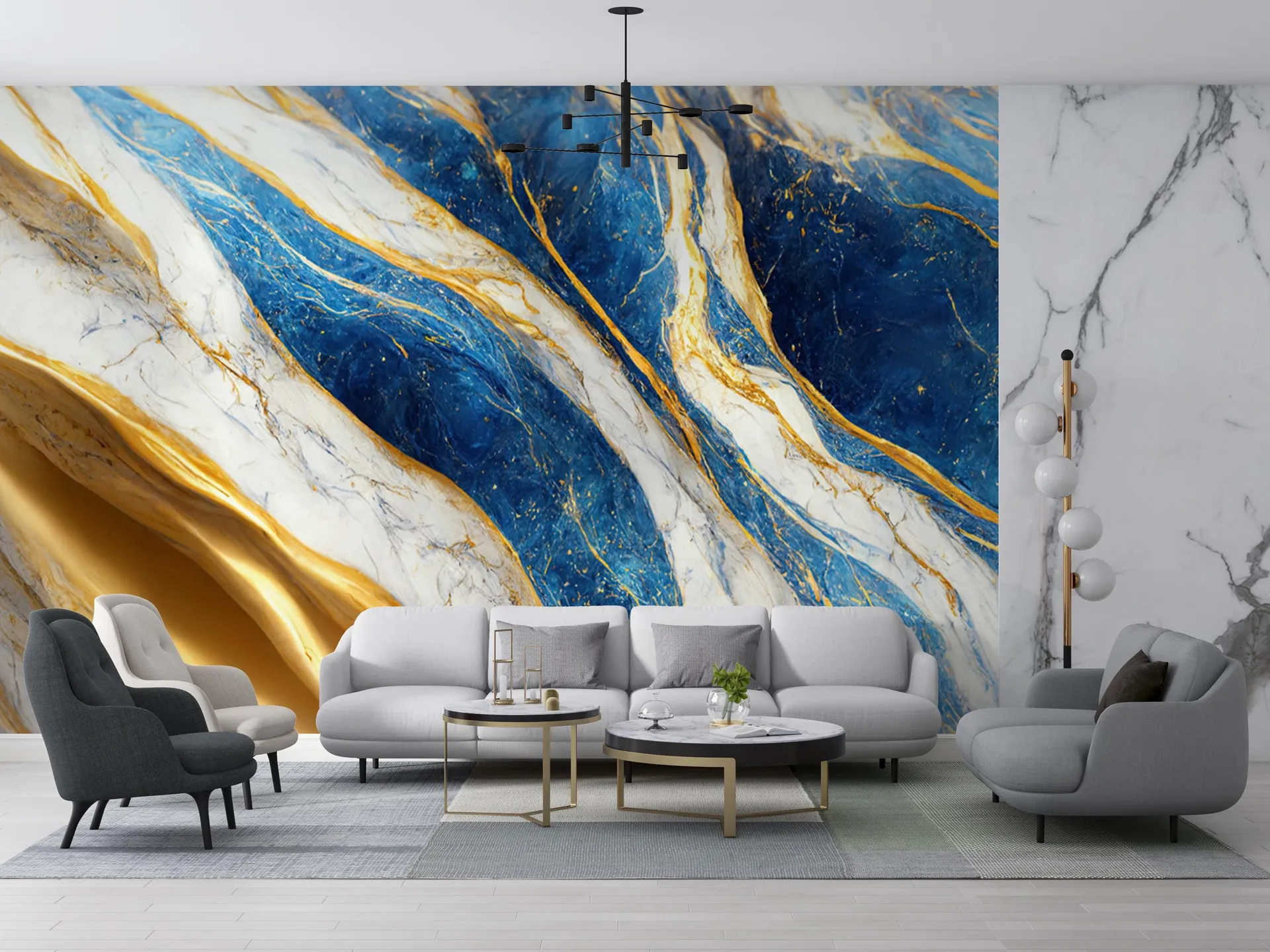 Papel de Parede Mármore Azul Branco Dourado